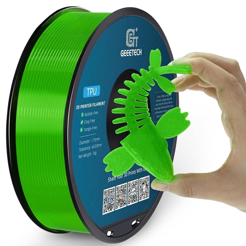 Geeetech TPU Filament 1.75mm, 95A Flexible 3D Printer Filament with High Elasticity, 1KG (2.2lbs) Spool, Dimensional Accuracy ±0.03mm, Fits Most FDM Printers (Clear Green) - Image 1